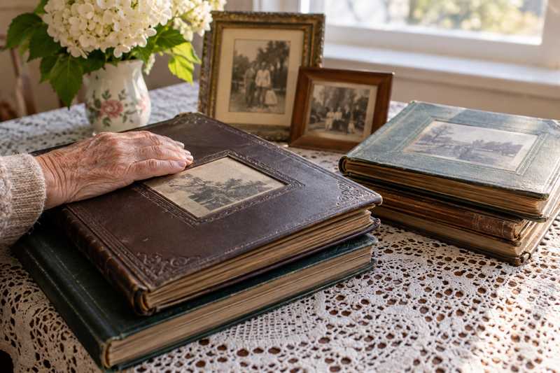 Albums de photos triés sur une table avant une entrée en établissement