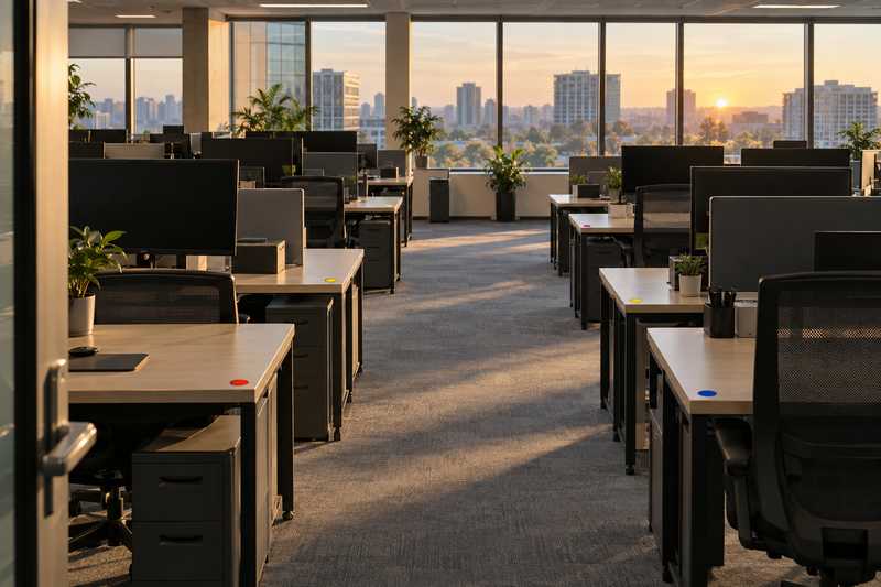 Postes de travail étiquetés par couleur avant un transfert de bureaux