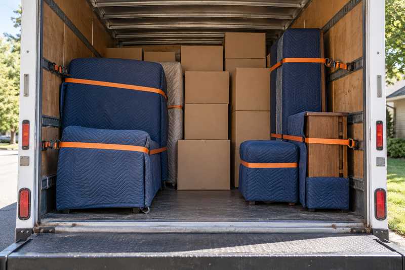 Chargement sanglé à l'intérieur d'un camion avant un long trajet