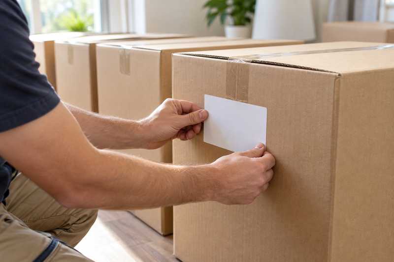 Cartons étiquetés un à un pour l'inventaire d'un départ à l'étranger