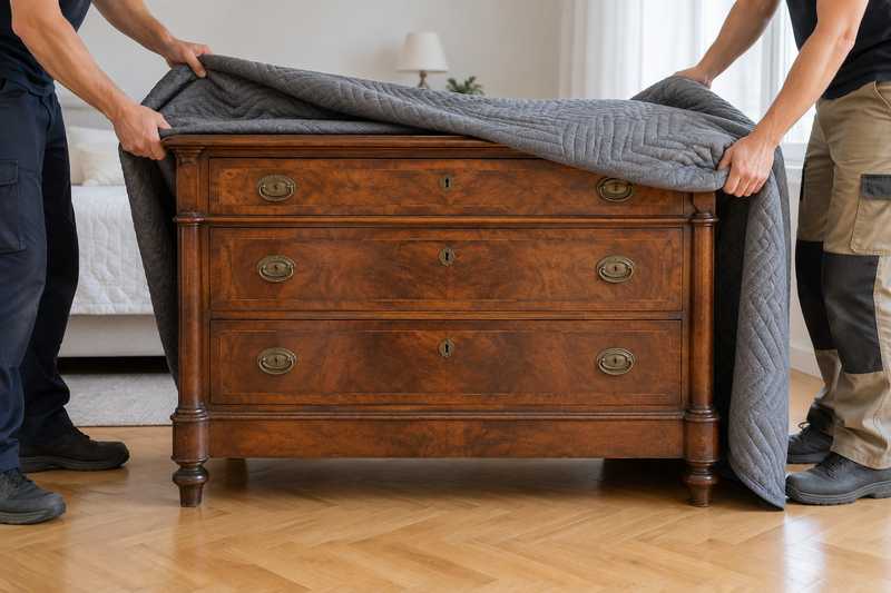 Commode ancienne glissée sous housse matelassée avant le transport