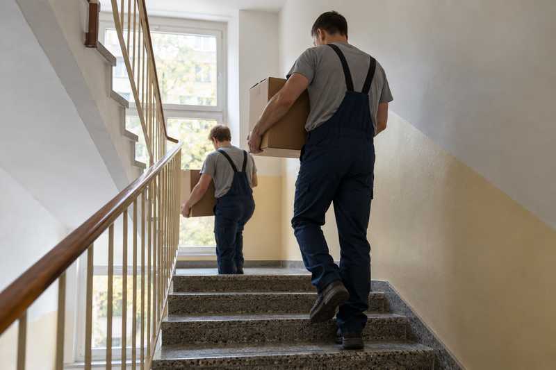 Deux déménageurs portant des cartons dans l'escalier d'un immeuble
