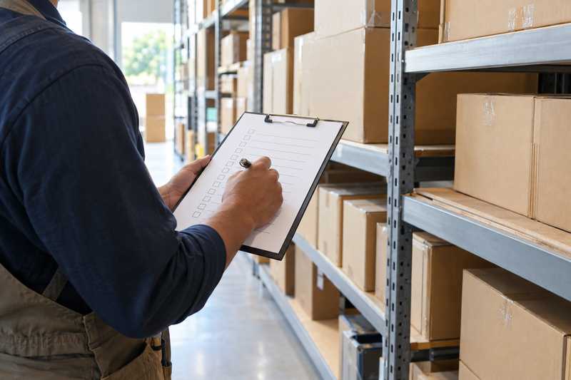 Liste de dépôt cochée ligne par ligne devant des cartons stockés