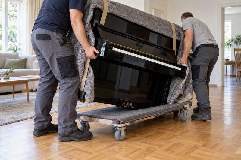 Piano droit basculé sur sa planche à roulettes avant la sortie