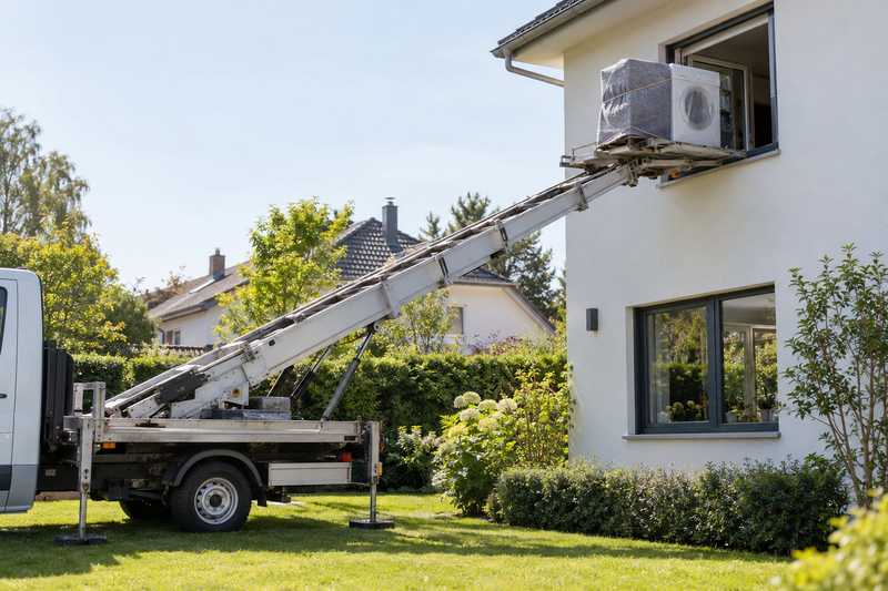 Appareil lourd monté par plateforme vers la fenêtre d'étage d'un pavillon
