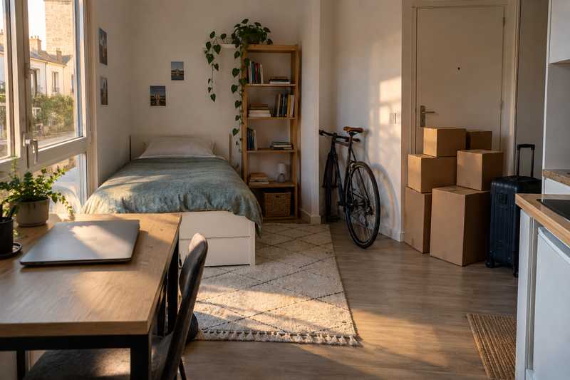 Studio étudiant avec quelques cartons, une valise et un vélo prêts au départ