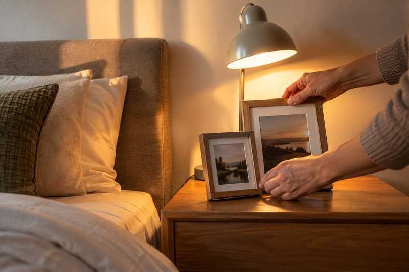 Table de chevet garnie de cadres et d'une lampe dans une nouvelle chambre