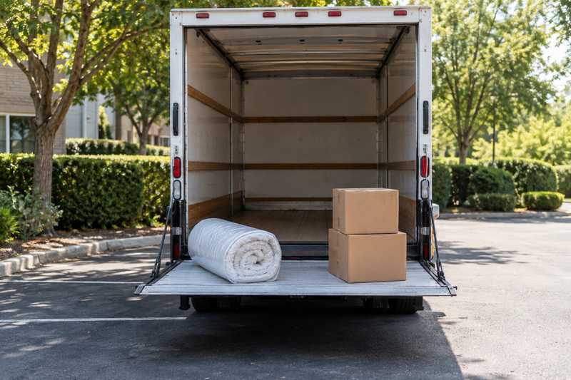 Petit chargement posé sur le hayon d'un camion de déménagement