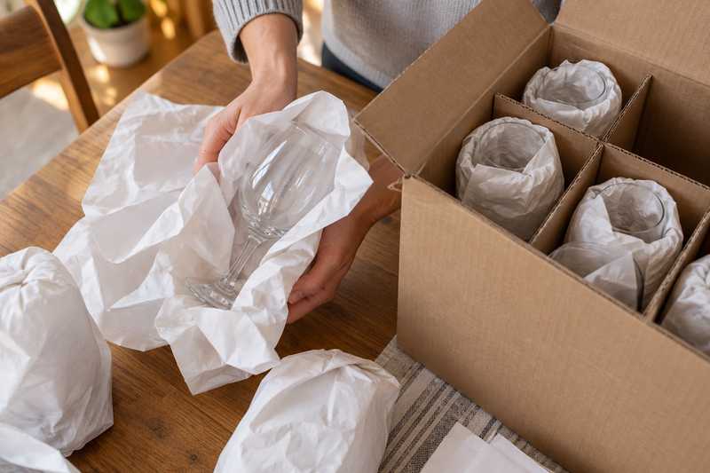 Verres à pied emballés un par un dans une caisse à compartiments
